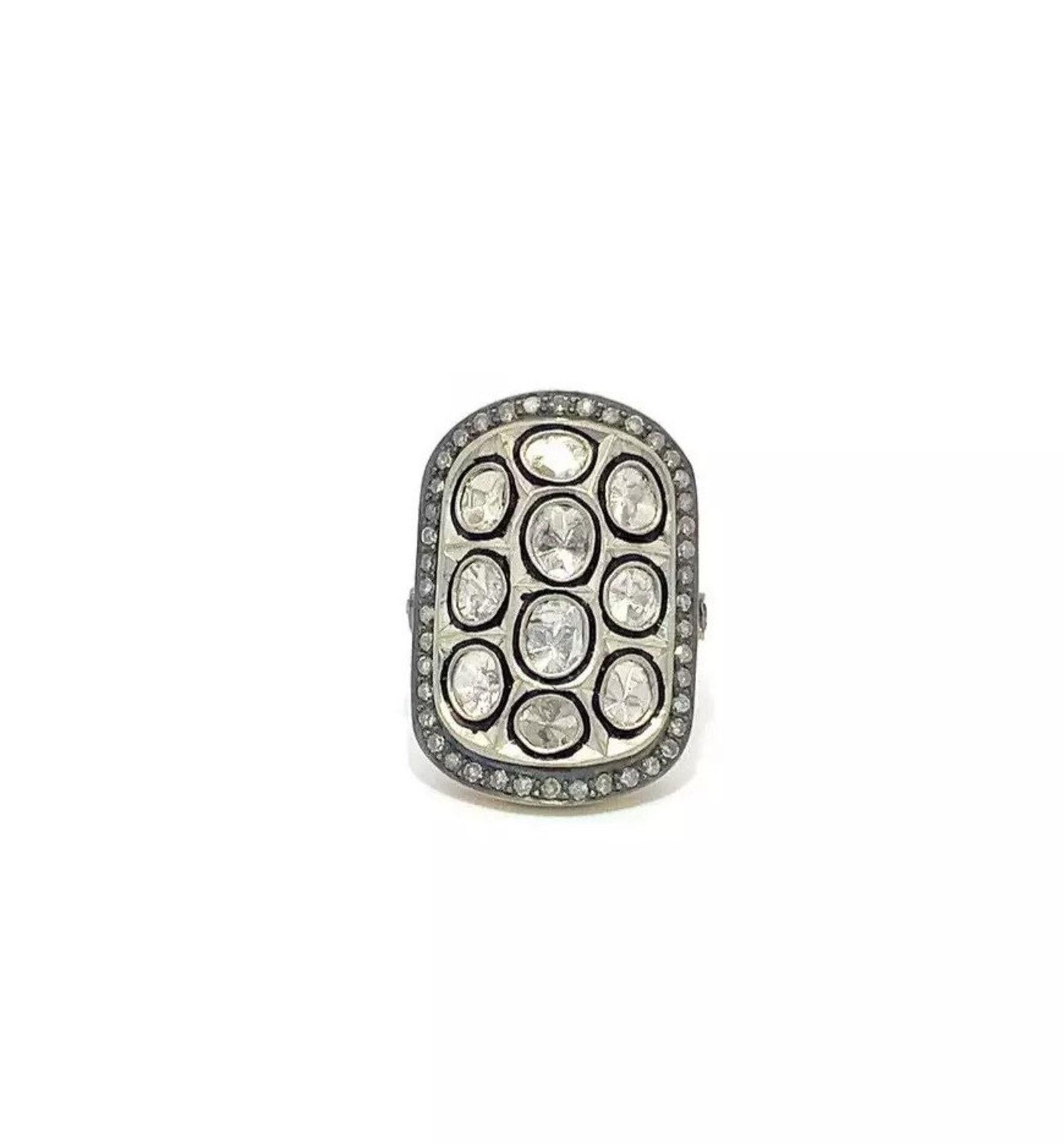 Natural Rose Cut Polki Diamond Ring 925 Sterling Silver Handmade Vintage Ring. For Sale 1