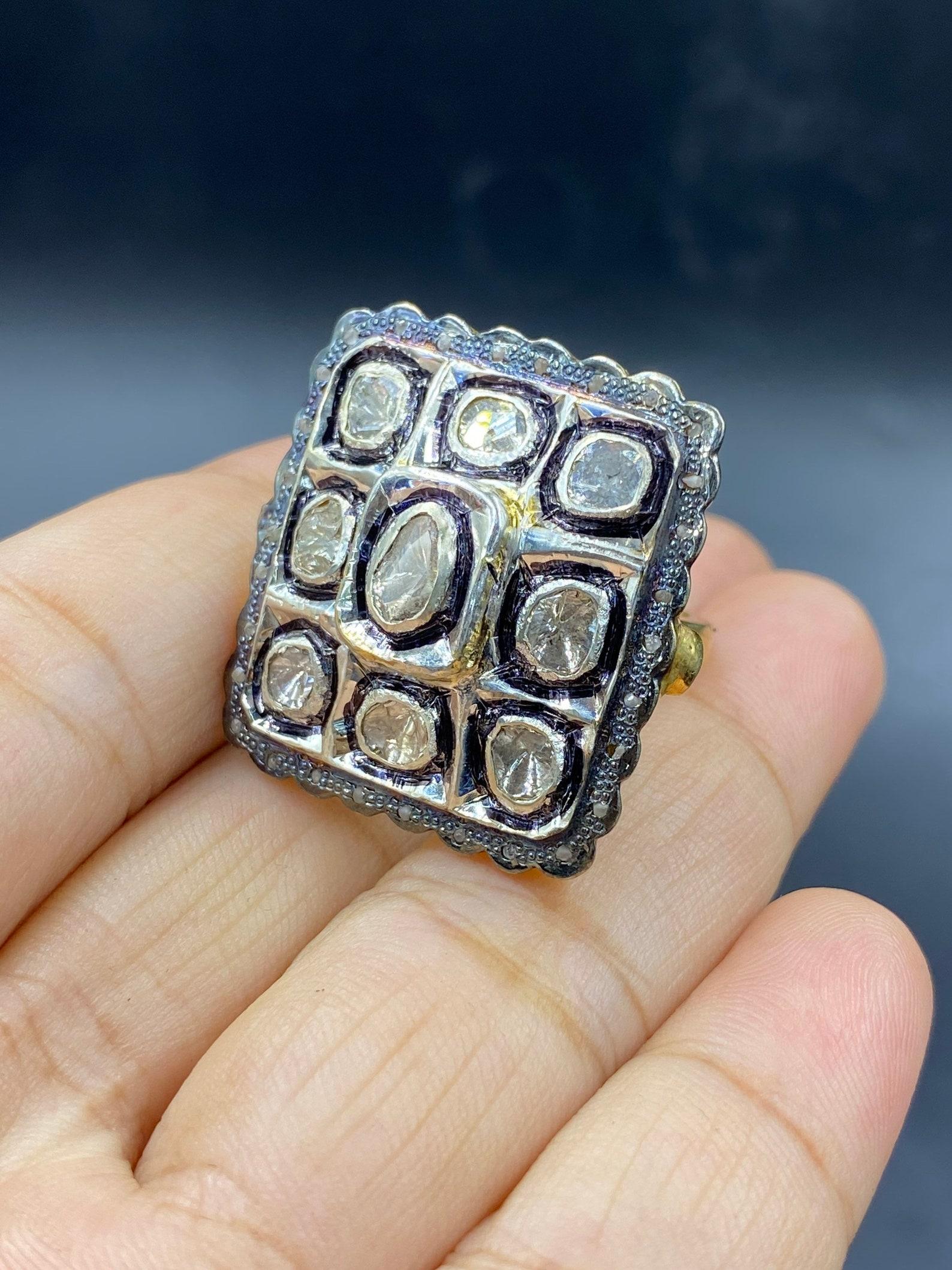 Natural Rose Cut Polki Diamond Ring 925 Sterling Silver Handmade Vintage Ring. For Sale 3
