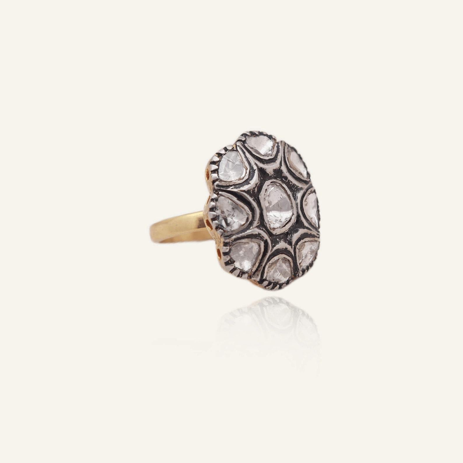 Natural Rose Cut Polki Diamond sterling Silver Handmade Victorian Ring. In New Condition For Sale In Chicago, IL