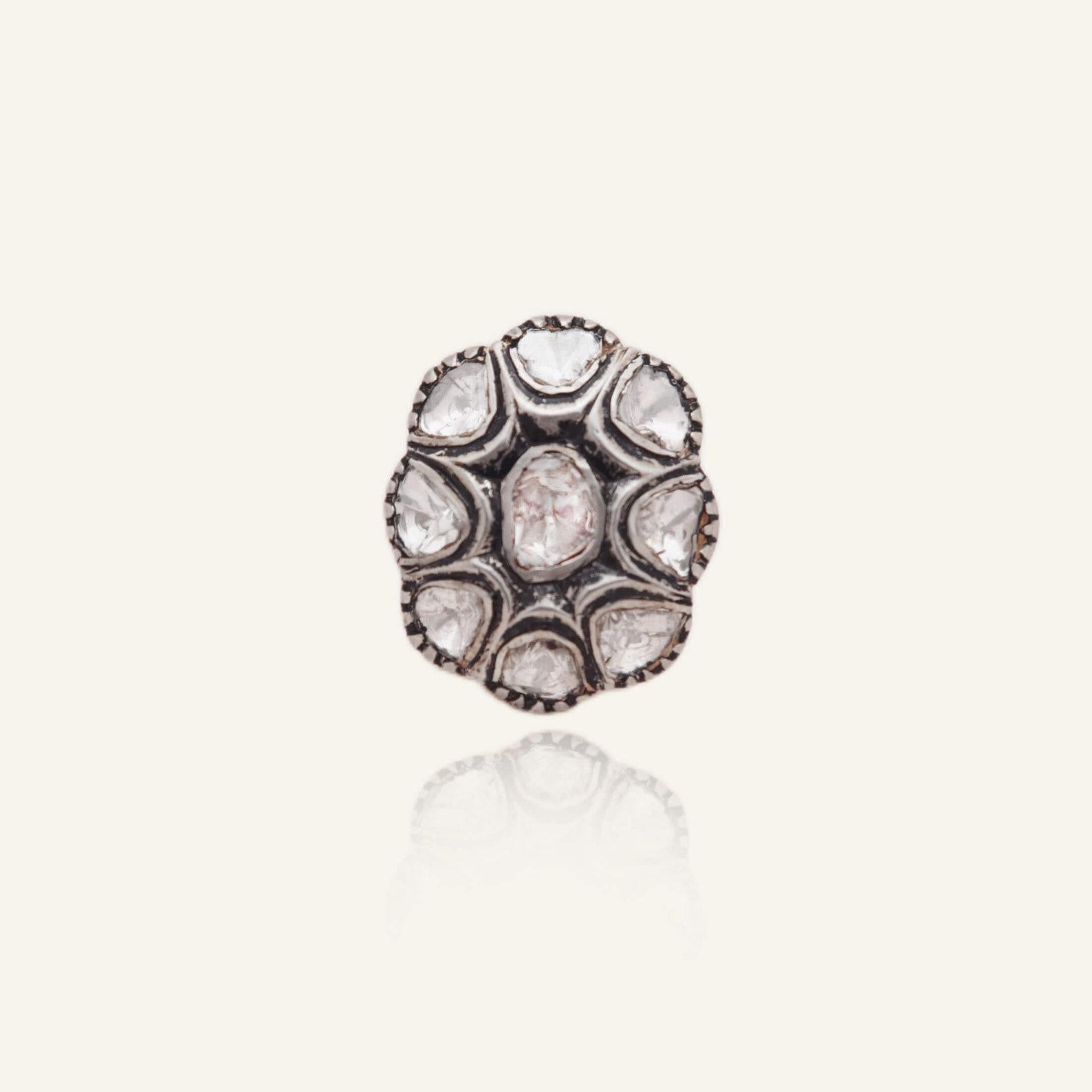 Women's or Men's Natural Rose Cut Polki Diamond sterling Silver Handmade Victorian Ring. For Sale