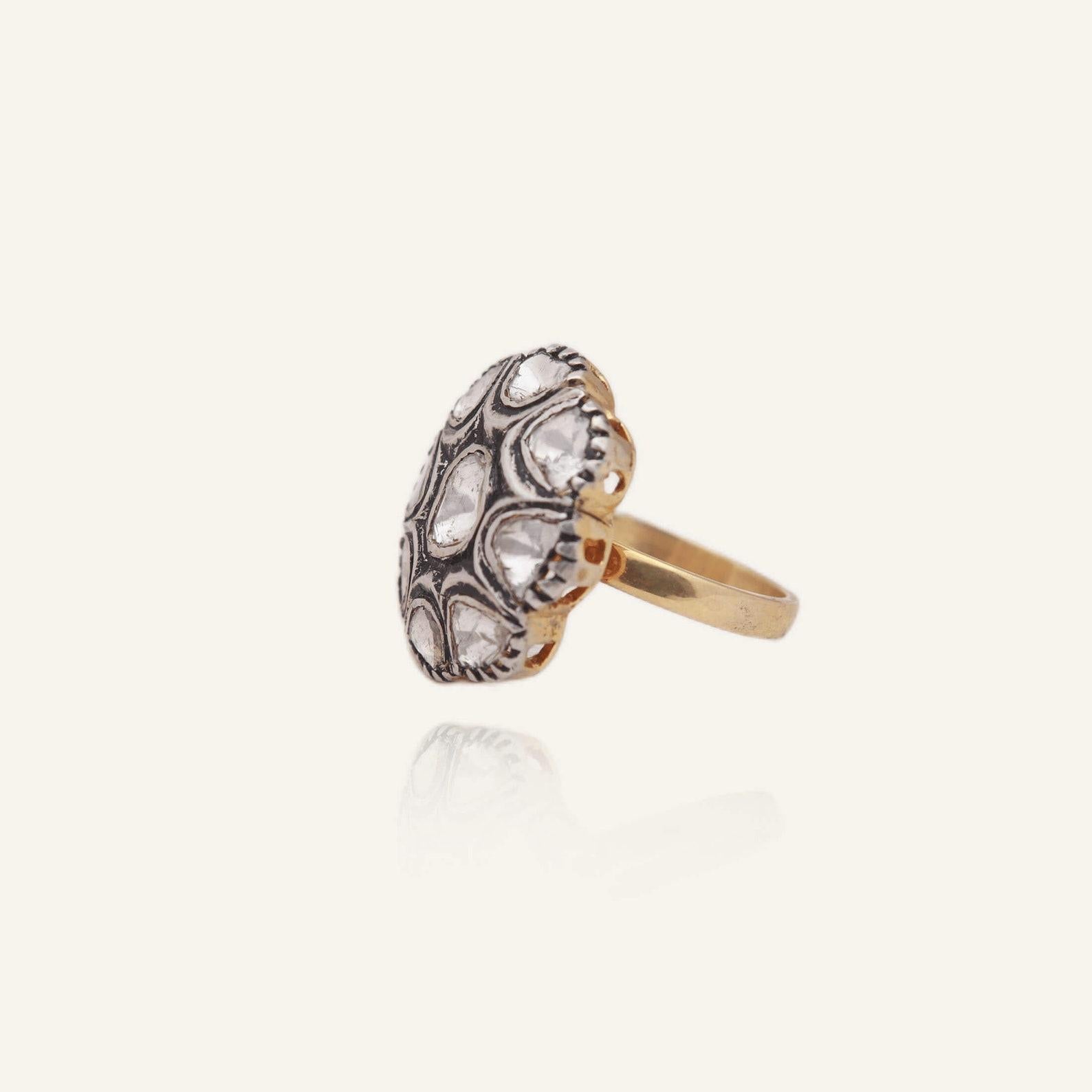 Natural Rose Cut Polki Diamond sterling Silver Handmade Victorian Ring. For Sale 1