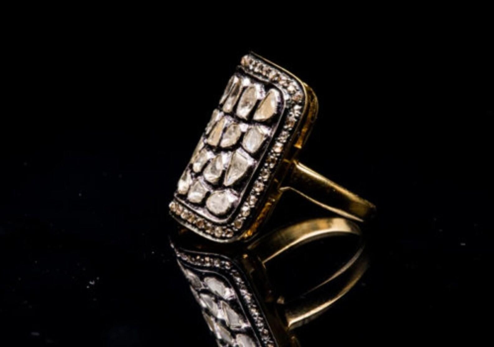 Natural Rose Cut Polki Diamond sterling Silver Handmade Vintage Ring. For Sale 4