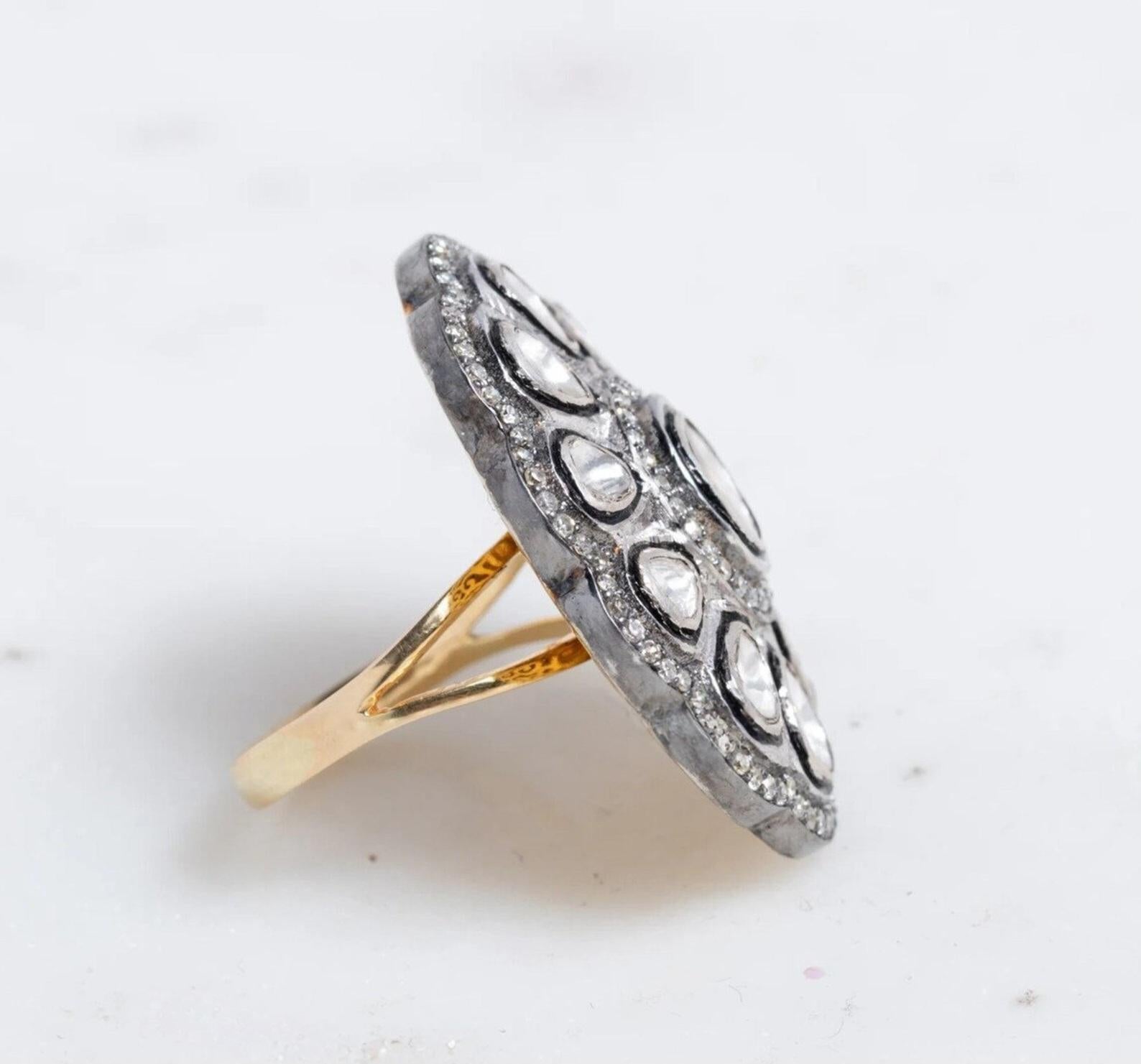 Natural Rose Cut Polki Diamond sterling Silver Handmade Vintage Ring. For Sale 5