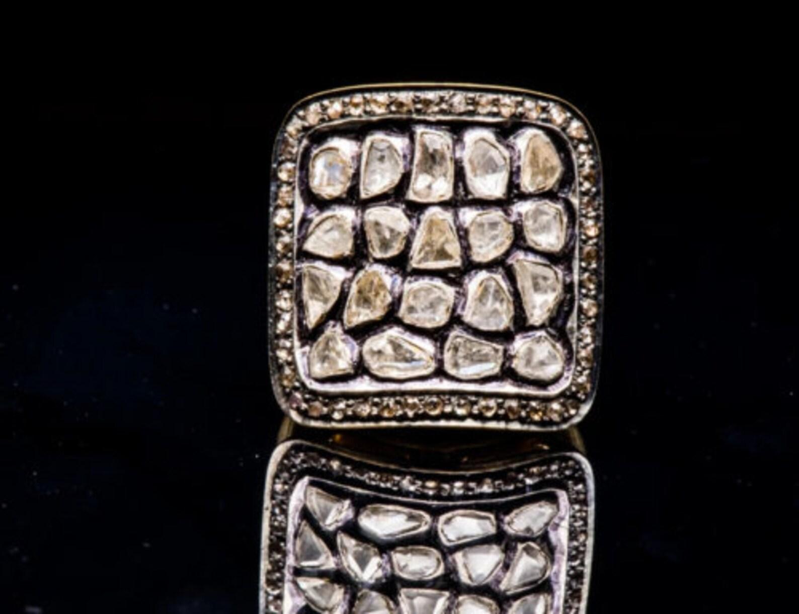 Art Deco Natural Rose Cut Polki Diamond sterling Silver Handmade Vintage Ring. For Sale