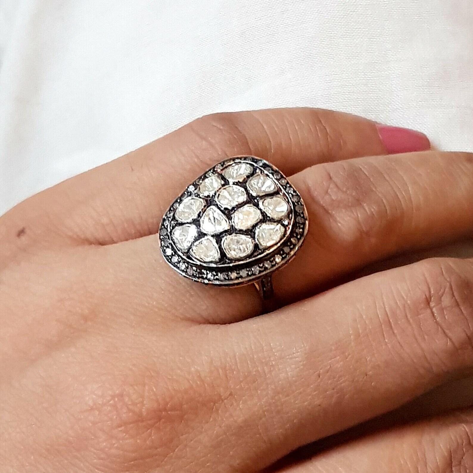 Art Deco Natural Rose Cut Polki Diamond sterling Silver Handmade Vintage Ring. For Sale