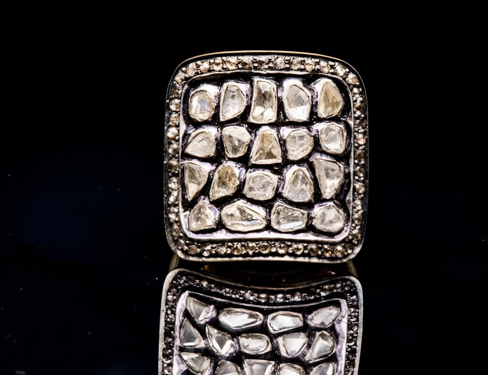 Natural Rose Cut Polki Diamond sterling Silver Handmade Vintage Ring. In New Condition For Sale In Chicago, IL