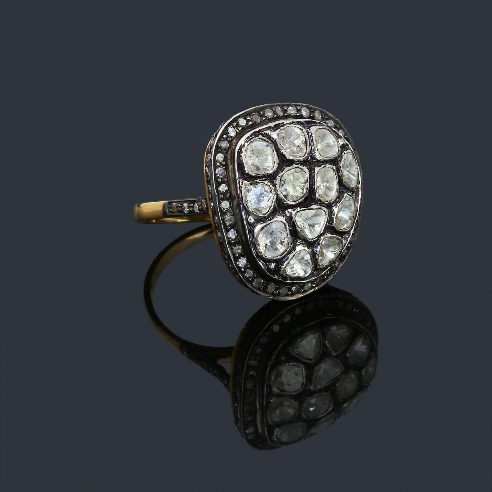 Natural Rose Cut Polki Diamond sterling Silver Handmade Vintage Ring. In New Condition For Sale In Chicago, IL