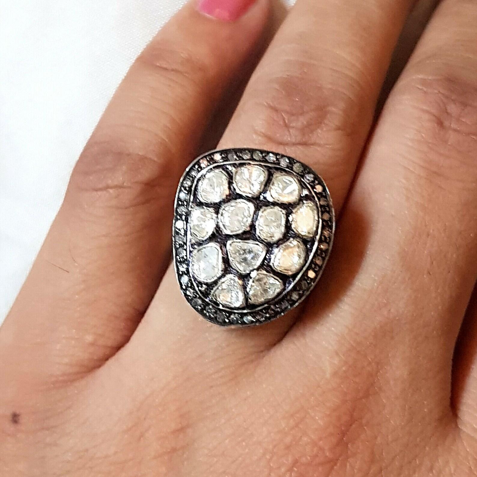 Natural Rose Cut Polki Diamond sterling Silver Handmade Vintage Ring. For Sale 2