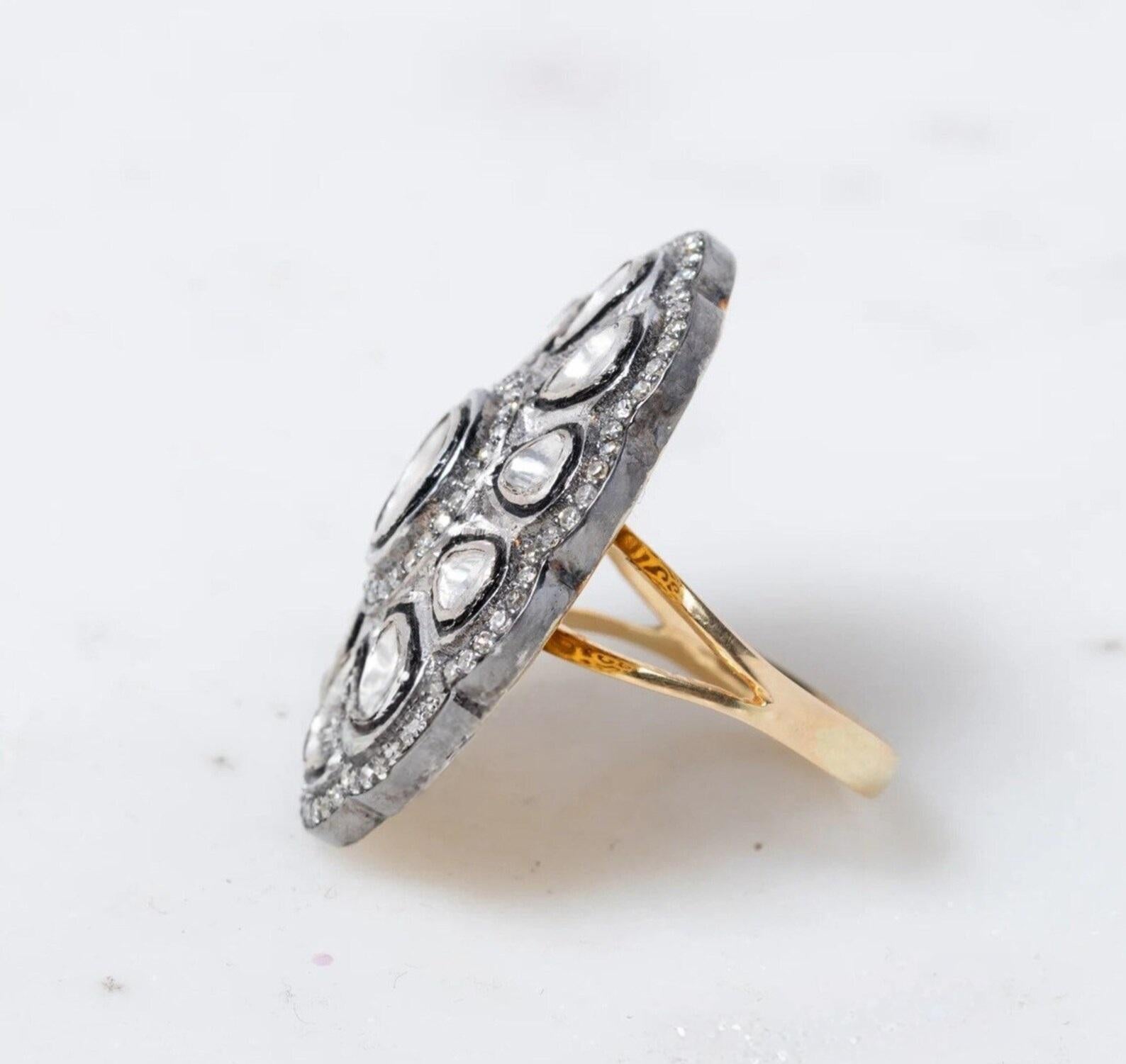 Natural Rose Cut Polki Diamond sterling Silver Handmade Vintage Ring. For Sale 2