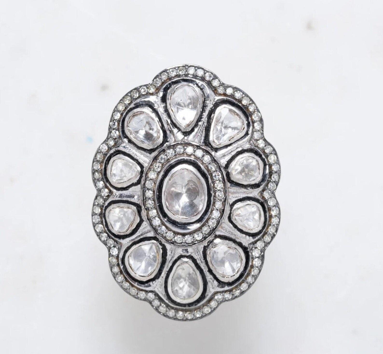 Natural Rose Cut Polki Diamond sterling Silver Handmade Vintage Ring. For Sale 3