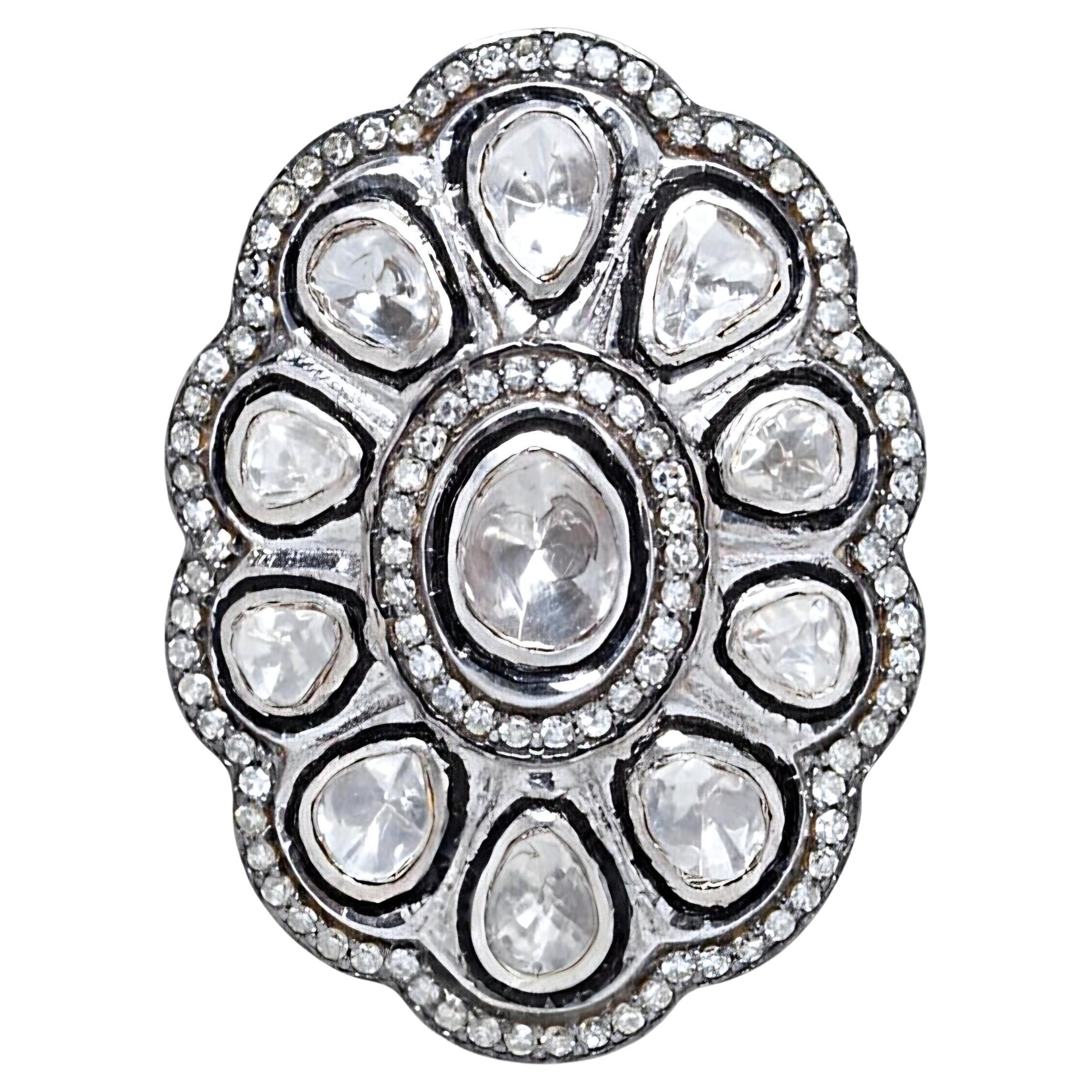 Natural Rose Cut Polki Diamond sterling Silver Handmade Vintage Ring.