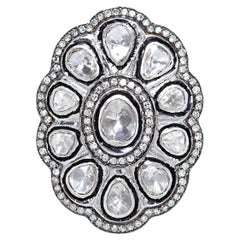 Bague vintage faite à la main, en argent sterling et diamant Polki naturel taille rose.