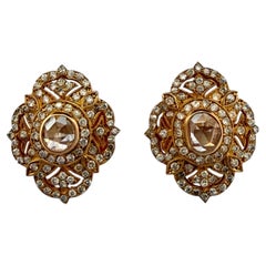 Natural Rose Cut & Round Brilliant Diamond Earrings 14K Yellow Gold Vintage 2CTW