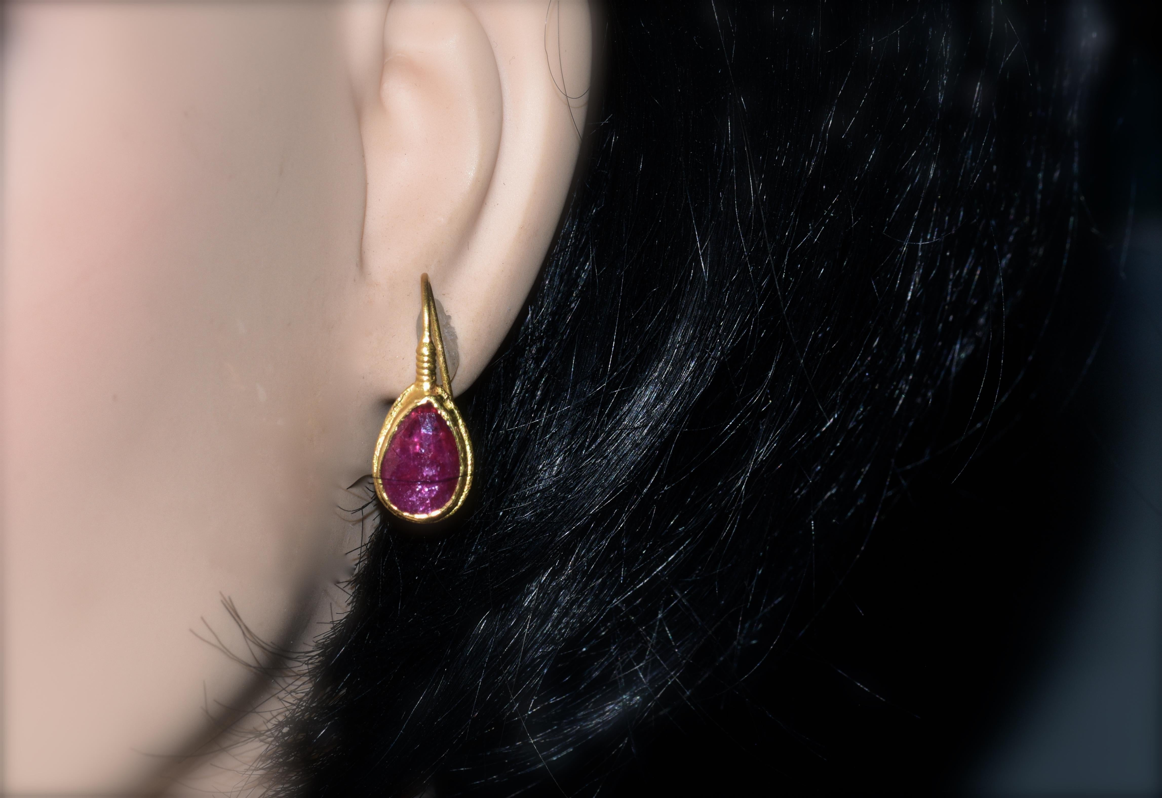 Contemporary Natural Rose Cut Ruby and 23 Karat Gold Earrings
