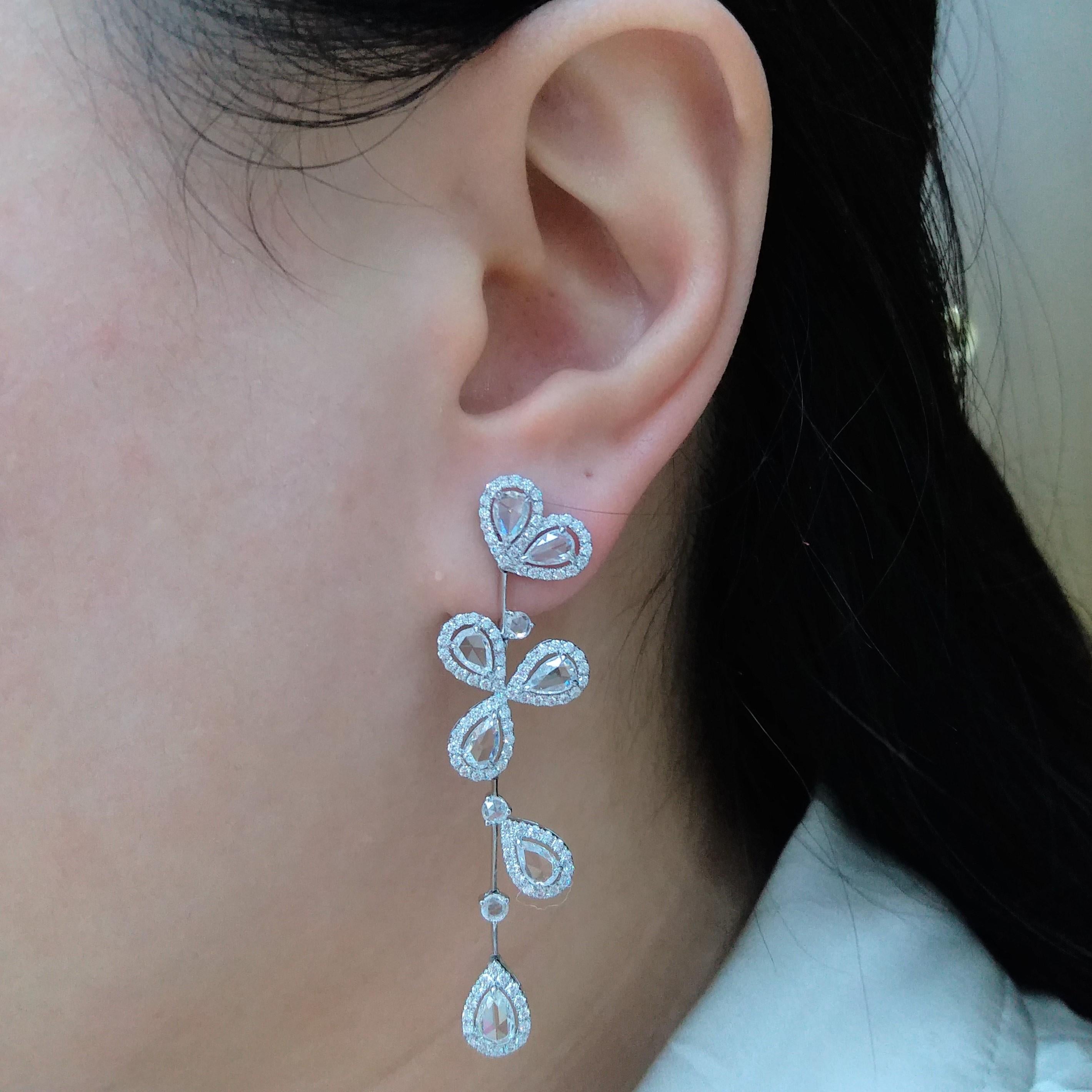 Contemporary Natural Rose Cut White Diamond 18K White Gold Dangle Earrings For Sale