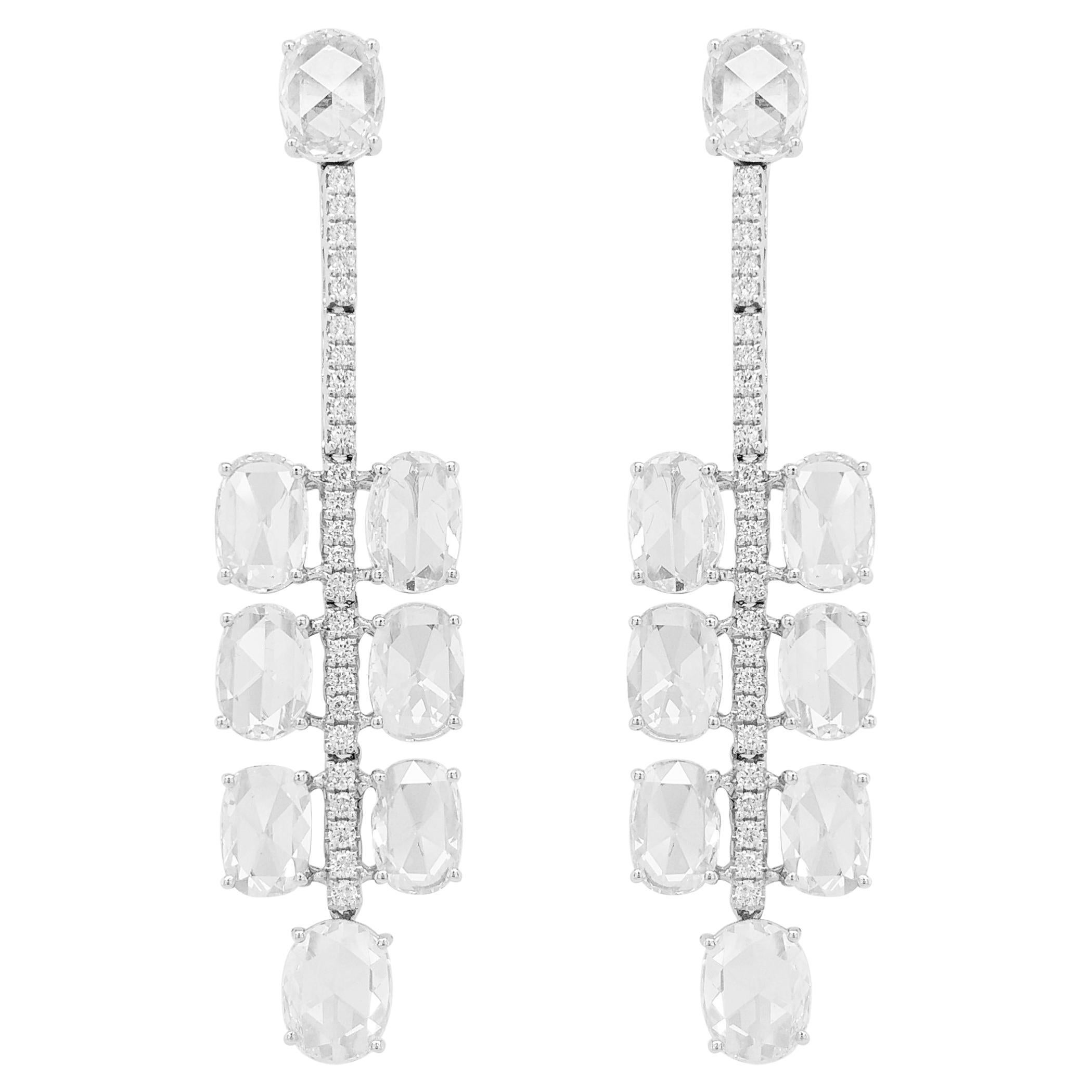 Natural Rose Cut White Diamond 18K White Gold Dangle Earrings