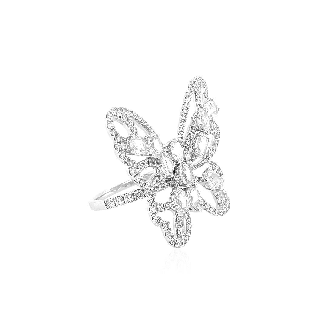 Women's Natural Rose Cut White Diamond 18K White Gold Cocktail Ring For Sale