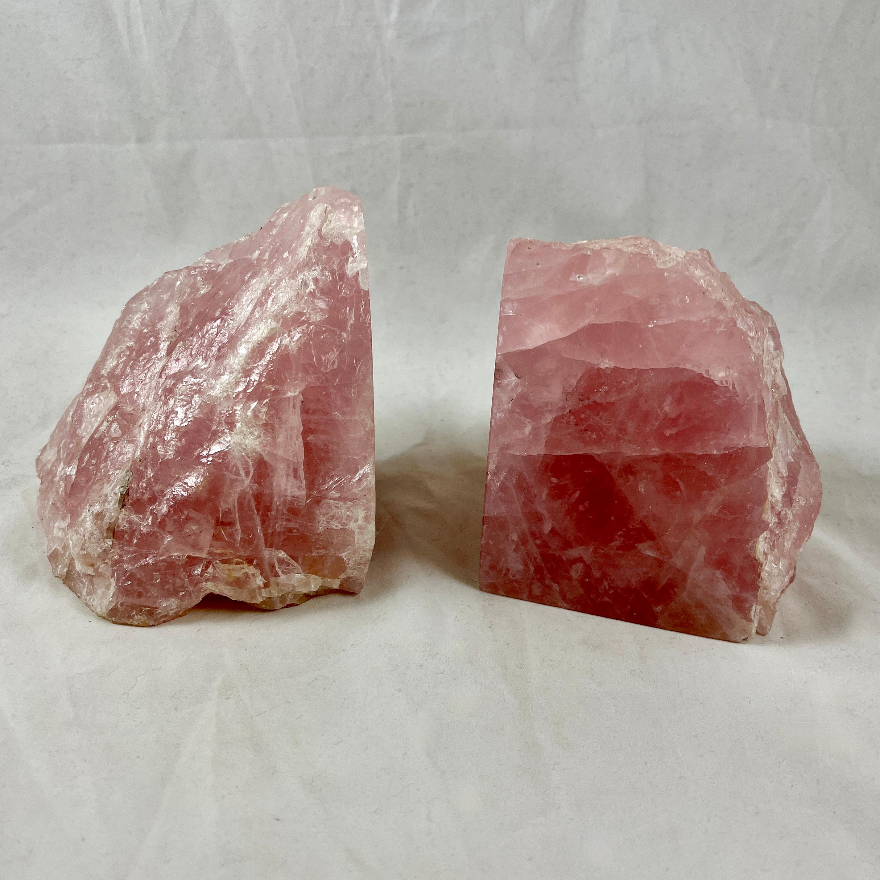 Hand-Carved Natural Rose Quartz Bookends, a Pair For Sale