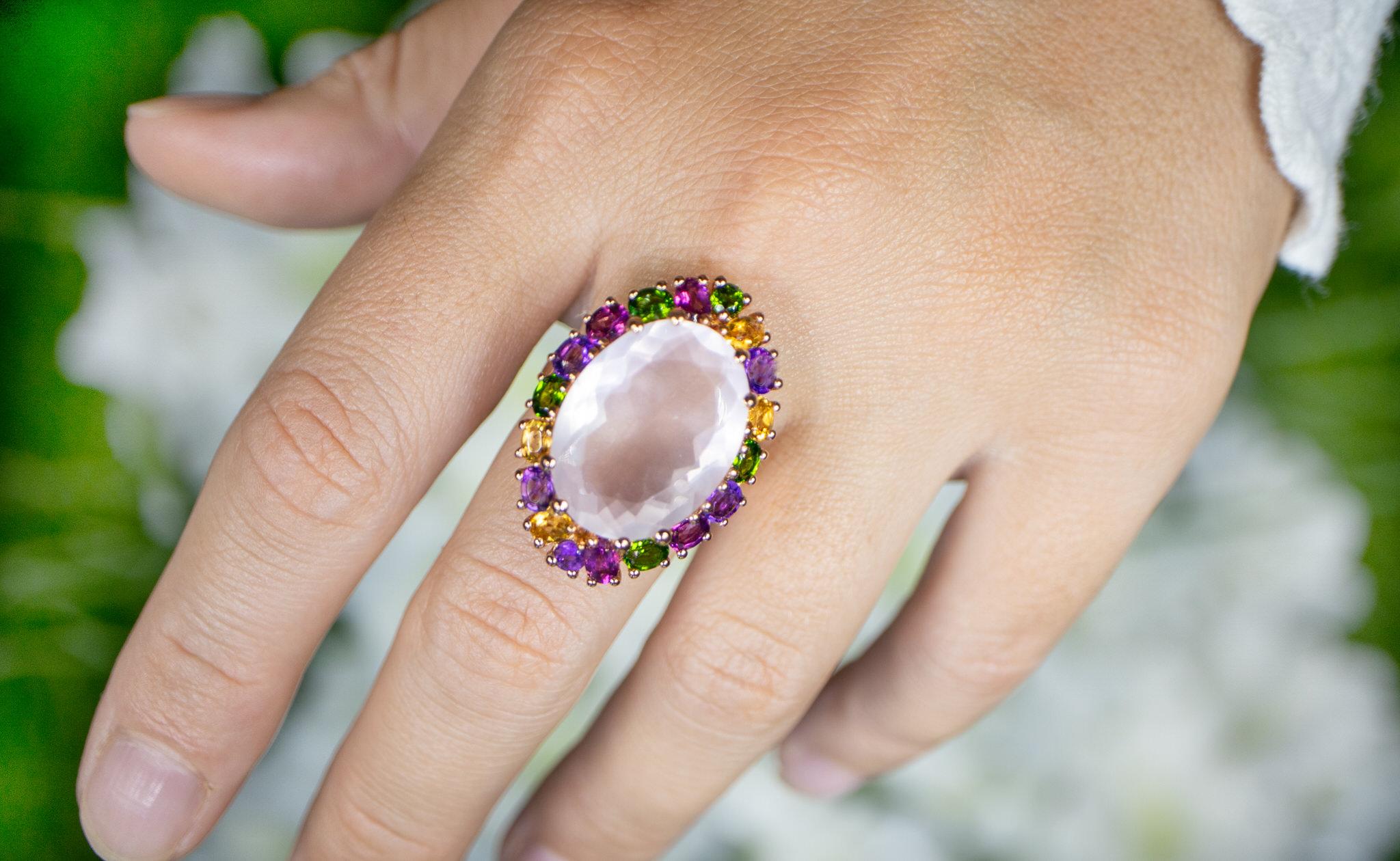 It comes with the Gemological Appraisal by GIA GG/AJP
All Gemstones are Natural in Origin
Gemstones: Rose Quartz, Amethysts, Citrines, Rhodolites, Chrome Diopsides
Total Quantity: 19 Gemstones
Total Carat Weight: 17.60 Carats
Metal: 14K Rose Gold