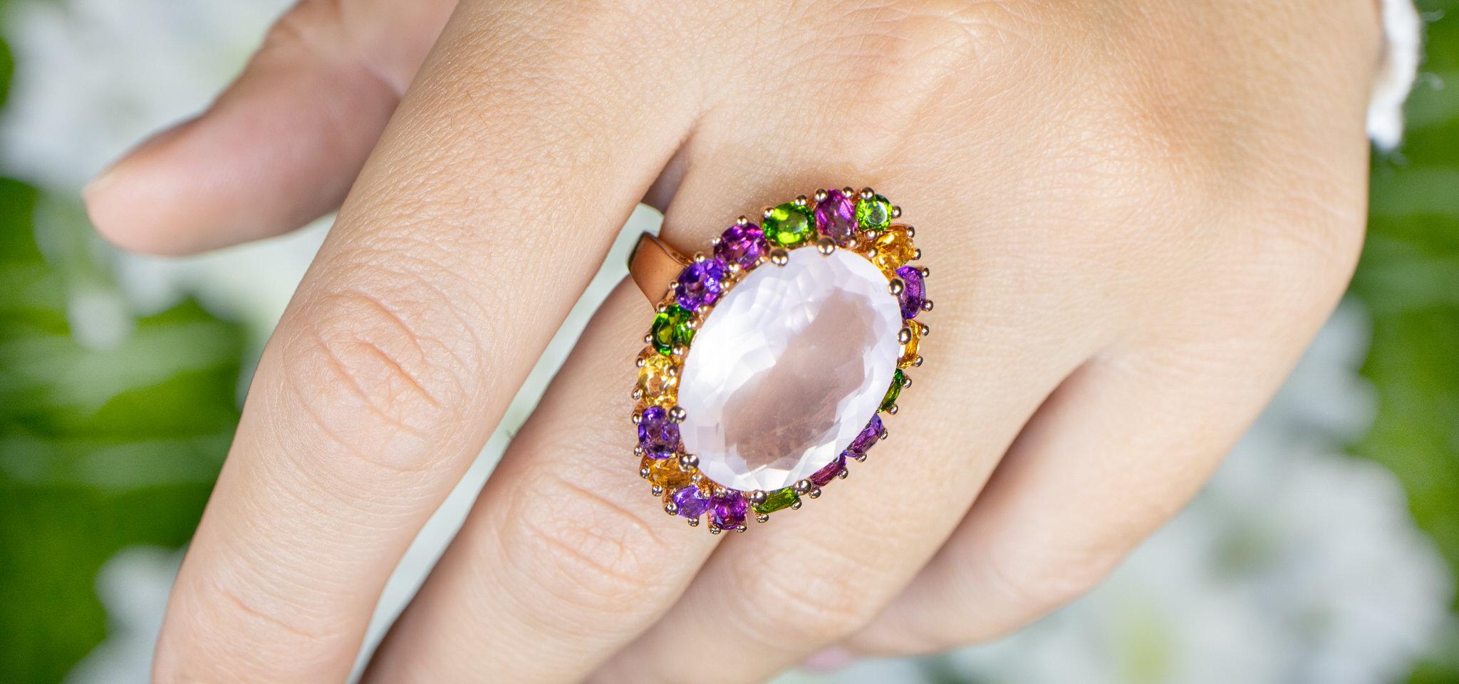 Contemporary Natural Rose Quartz Cocktail Ring Multicolored Gemstones 14K Rose Gold Plated For Sale