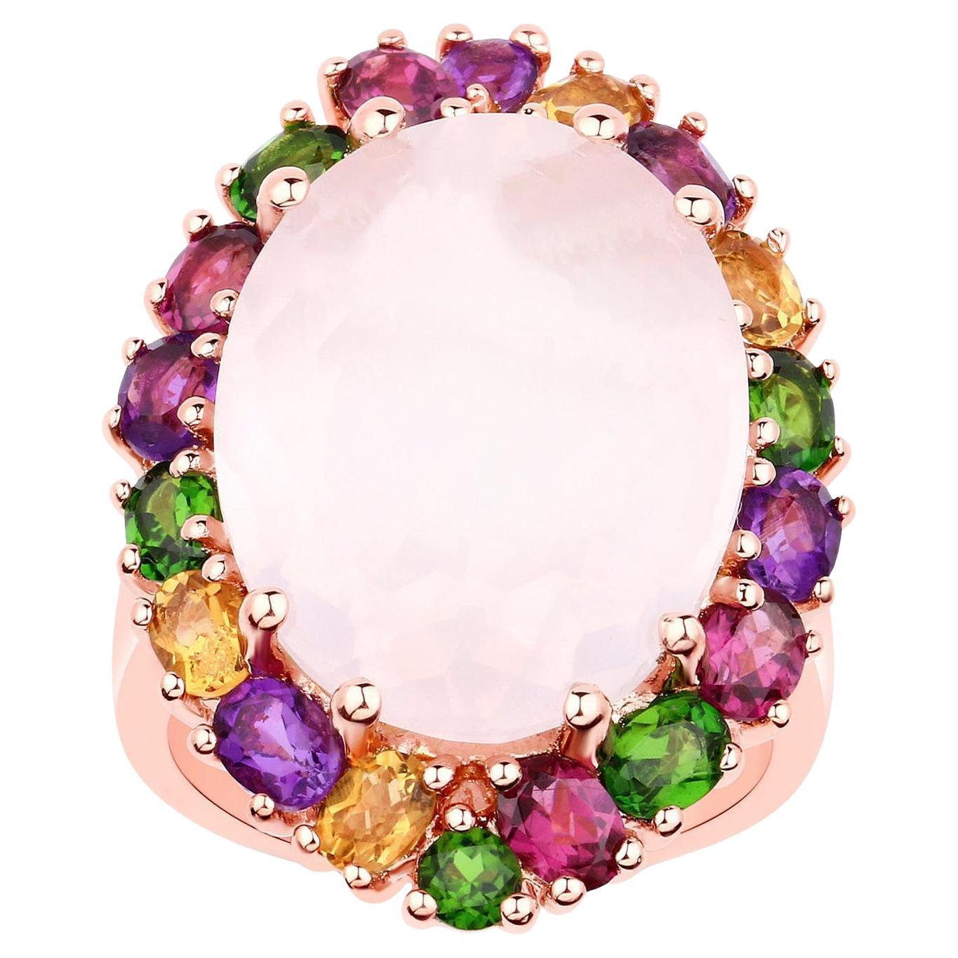 Natural Rose Quartz Cocktail Ring Multicolored Gemstones 14K Rose Gold Plated For Sale