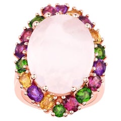 Bague cocktail plaquée or rose 14 carats avec quartz rose naturel multicolore