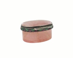 Natural Rose Quartz Enameled Gilt Silver Gem Set Hinged Box, Austria, Circa 1900
