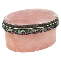 Natural Rose Quartz Enameled Gilt Silver Gem Set Hinged Box, Austria, Circa 1900