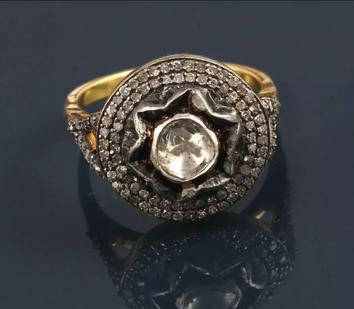 Art Deco Natural Rosecut Diamond Polki Ring 925 Silver Handmade Victorian Christmas Gift. For Sale