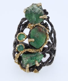 Natural Rough Emerald Three Stone Cocktail Ring