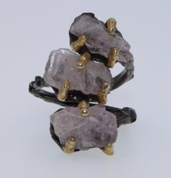 Natural Rough Pink Morganite Gold Plated and Black Rhodium 3 stone Ring