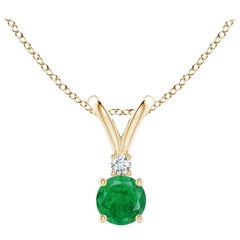 Natural Round 0.24ct Emerald Solitaire Pendant with Diamond in 14K Yellow Gold