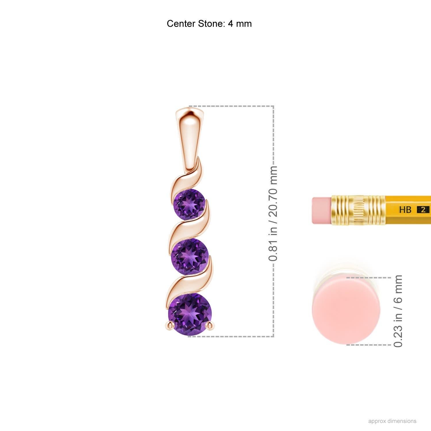 Channel set in an exquisite journey trail, the three graduating round amethysts showcase their mysterious velvety purple brilliance. This gorgeous three stone amethyst pendant is designed in 14k rose gold and connects to a lustrous metal bale.