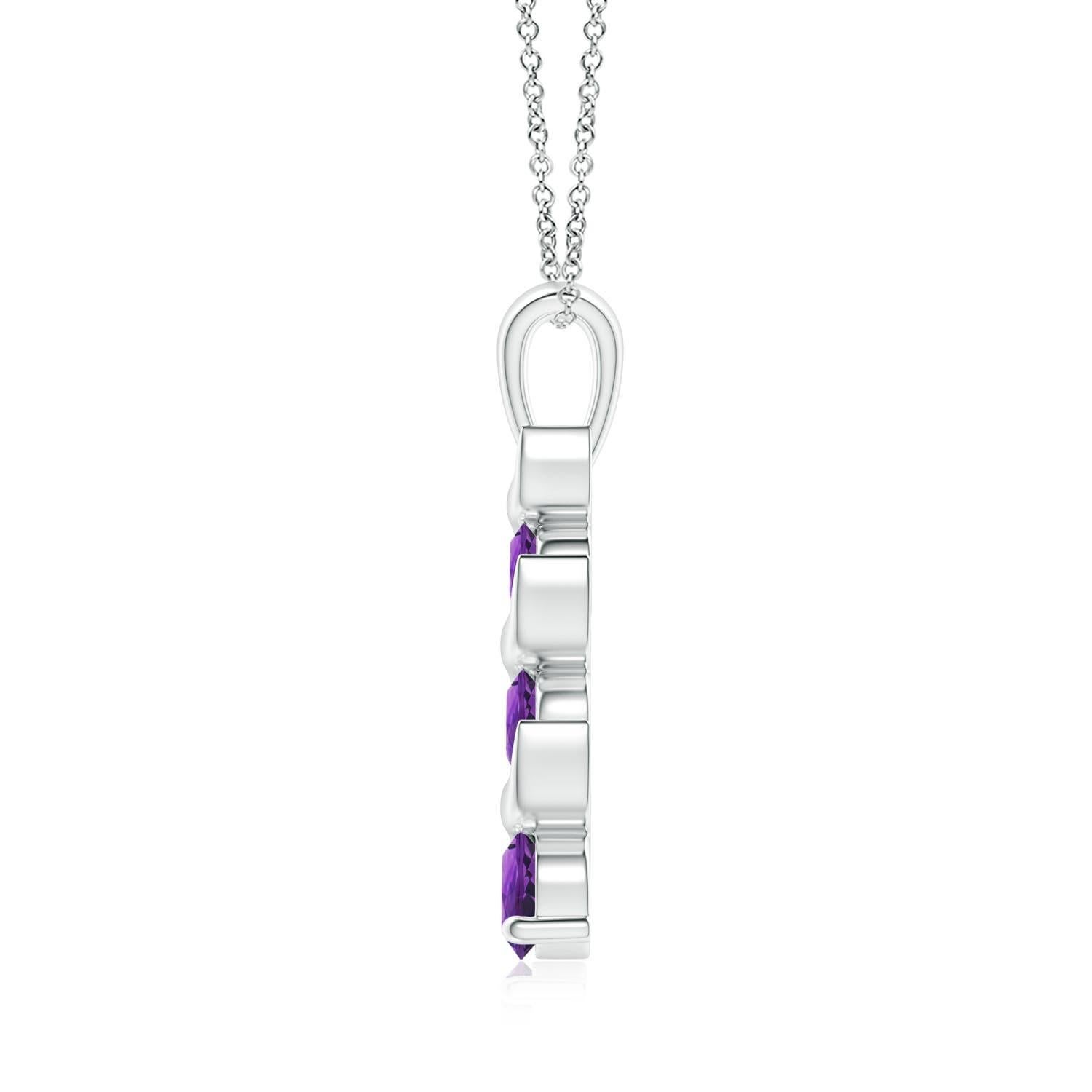 Modern Natural Round 0.25ct Amethyst Three Stone Journey Pendant in 14K White Gold For Sale