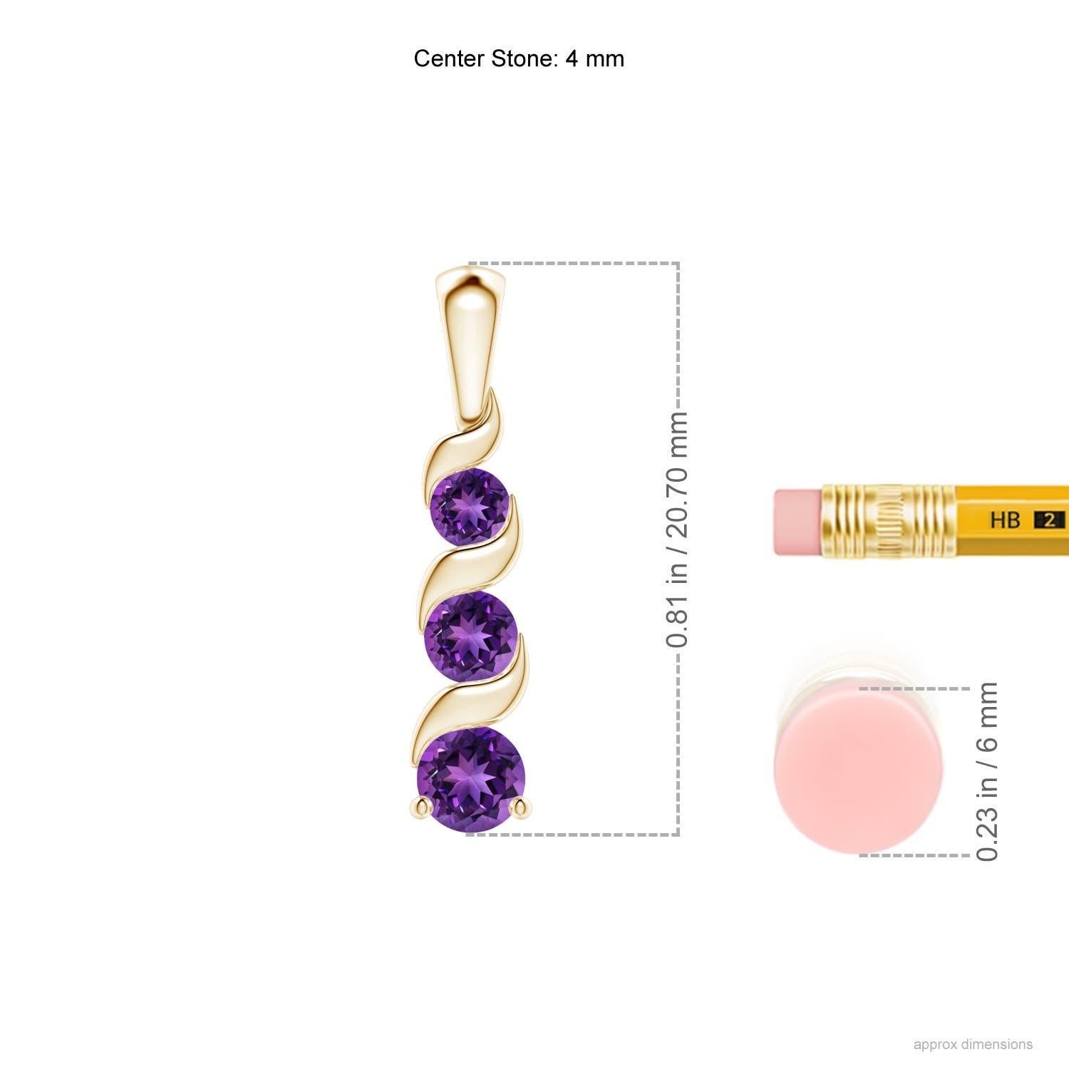 Channel set in an exquisite journey trail, the three graduating round amethysts showcase their mysterious velvety purple brilliance. This gorgeous three stone amethyst pendant is designed in 14k yellow gold and connects to a lustrous metal bale.