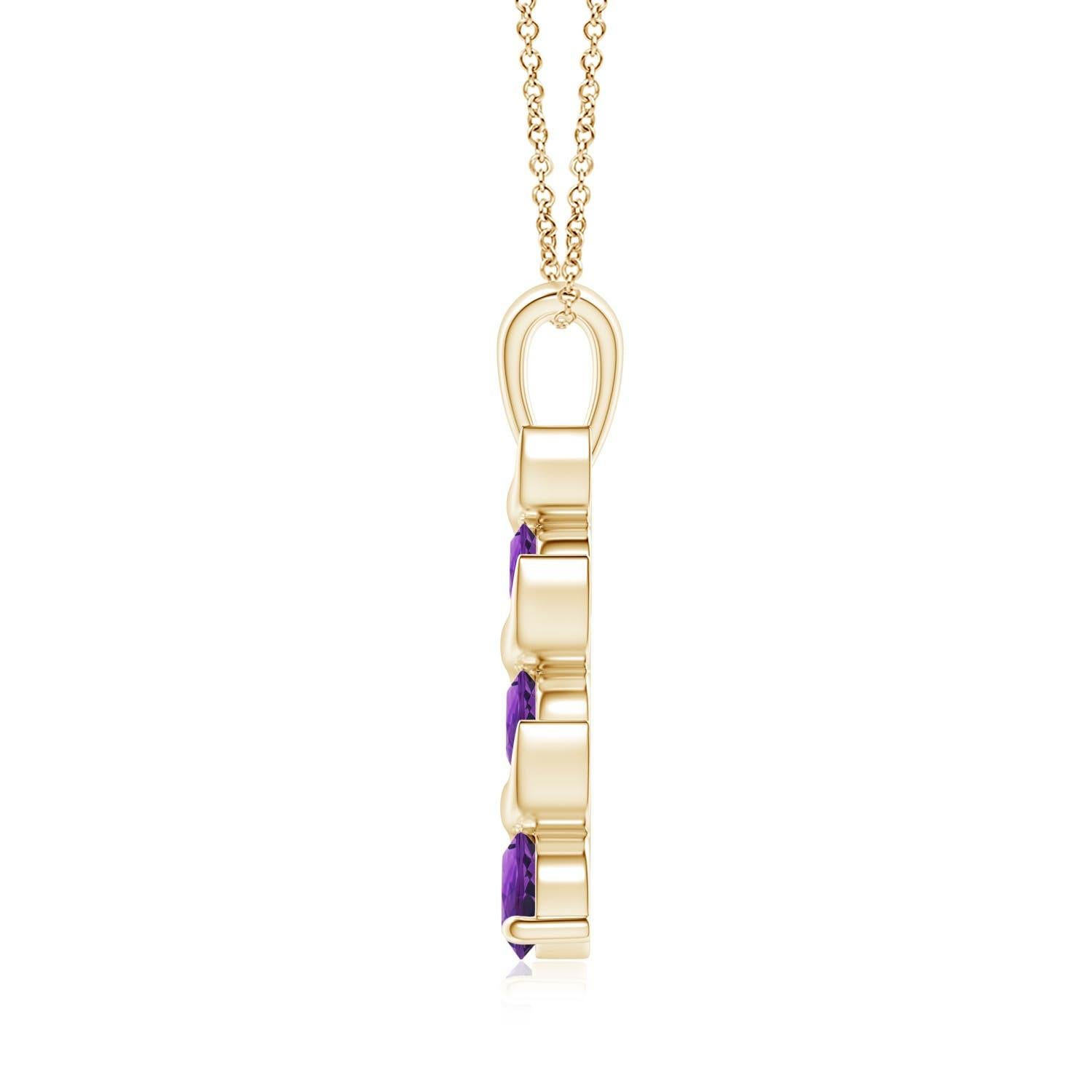 Modern Natural Round 0.25ct Amethyst Three Stone Journey Pendant in 14K Yellow Gold For Sale