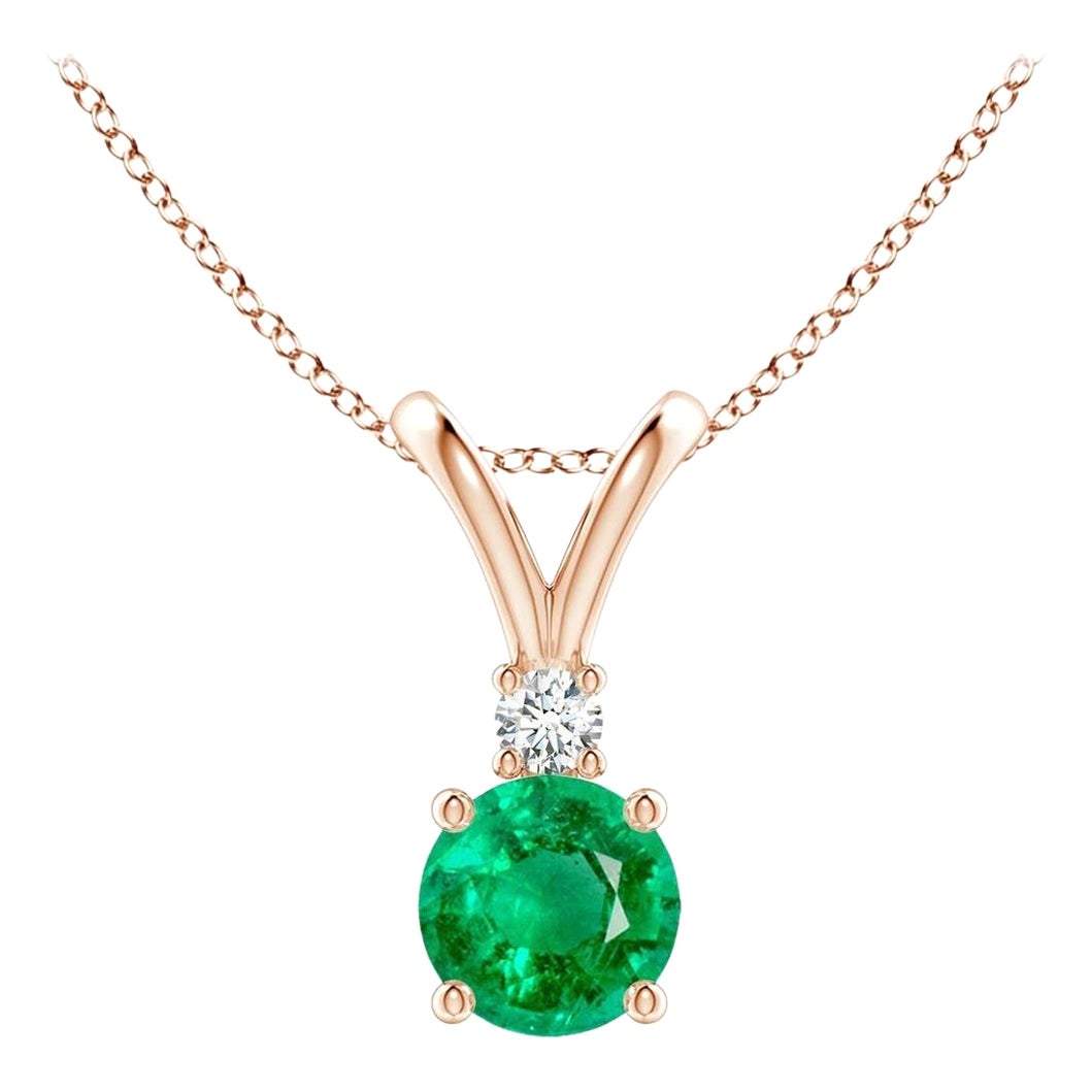 Natürlicher runder 0,45 Karat Smaragd Solitär-Anhänger mit Diamant in 14 Karat Roségold