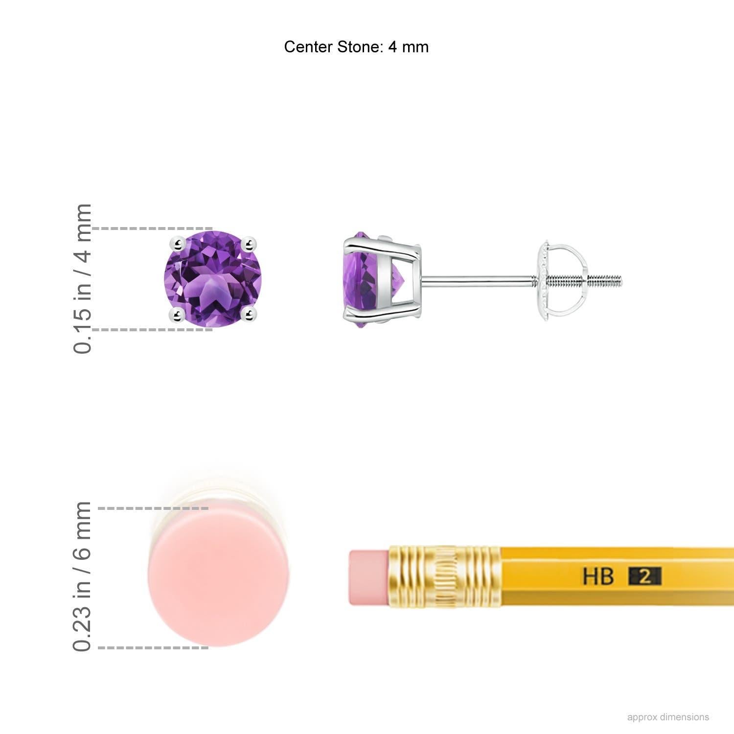 Simple and elegant, these amethyst solitaire stud earrings are set in platinum. The round amethysts exhibit their mysterious purple allure with a sparkle. They are held in a basket-style prong setting for added brilliance.