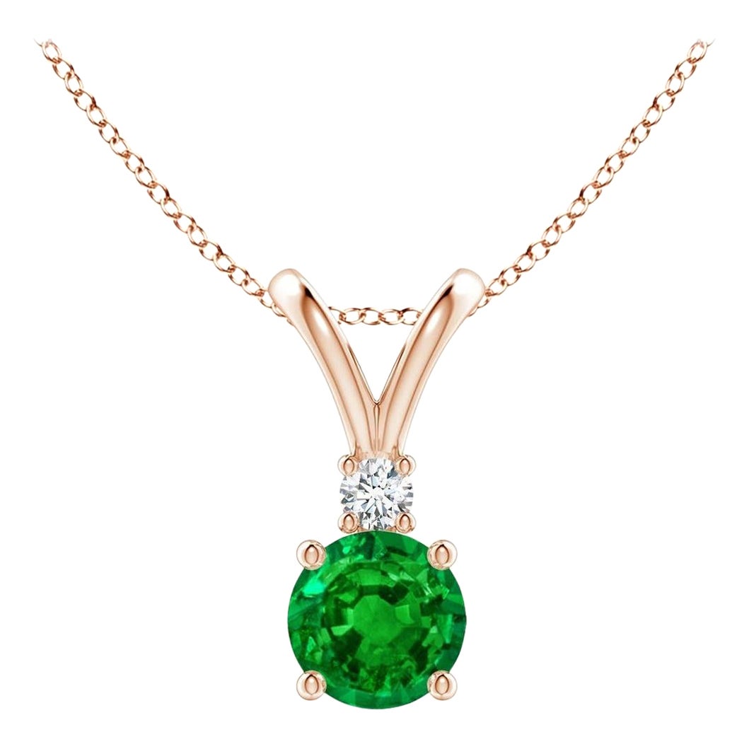 Natürlicher runder 0,60 Karat Smaragd Solitär-Anhänger mit Diamant in 14 Karat Roségold