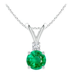 Natural Round 0.75ct Emerald Solitaire Pendant with Diamond in 14K White Gold