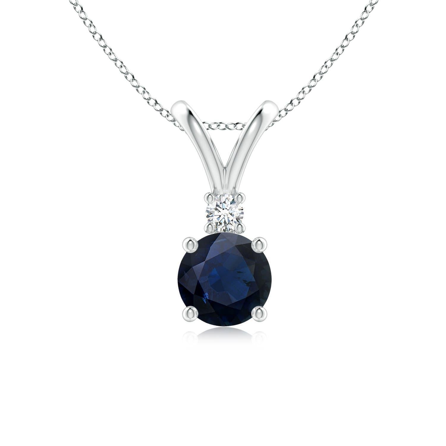 Ciondolo con zaffiro blu rotondo naturale da 1 carato e solitario con diamante in oro bianco 14 carati in vendita