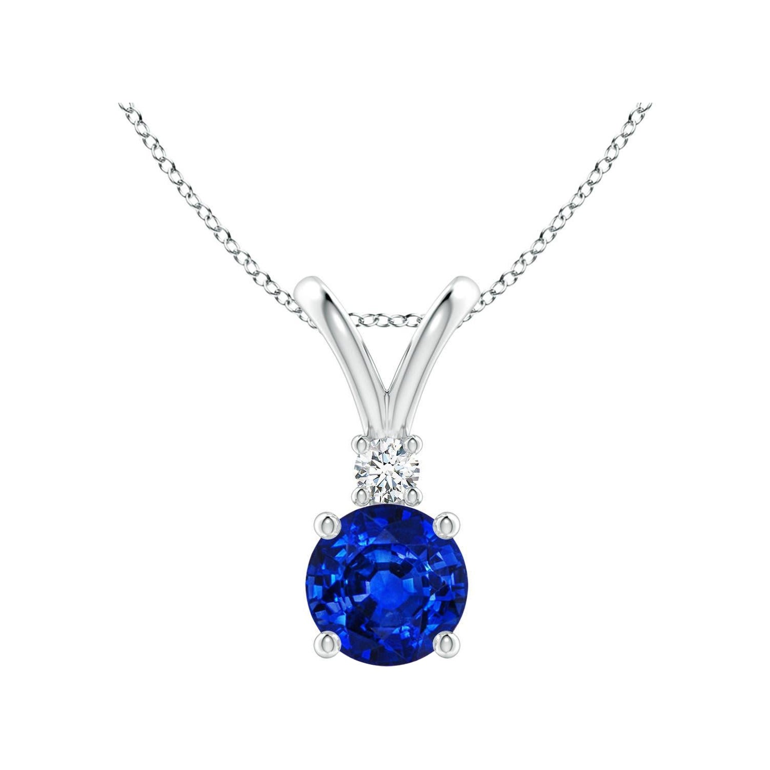 Pendentif solitaire en or blanc 14K avec saphir bleu et diamant, de forme ronde et naturelle, 1 ct en vente
