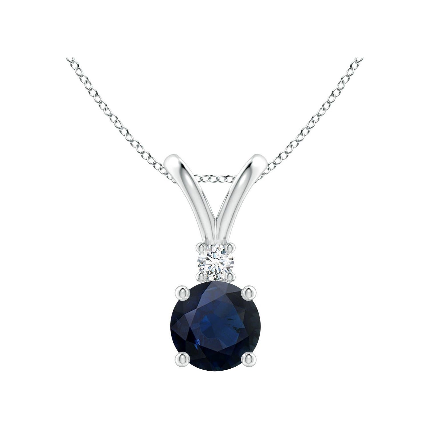 Pendentif solitaire en or blanc 14K avec saphir bleu et diamant, de forme ronde et naturelle, 1 ct