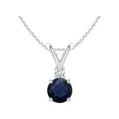 Pendentif solitaire en or blanc 14K avec saphir bleu et diamant, de forme ronde et naturelle, 1 ct