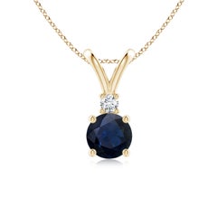 Ciondolo con zaffiro blu rotondo naturale da 1 carato e solitario con diamante in oro giallo 14 carati