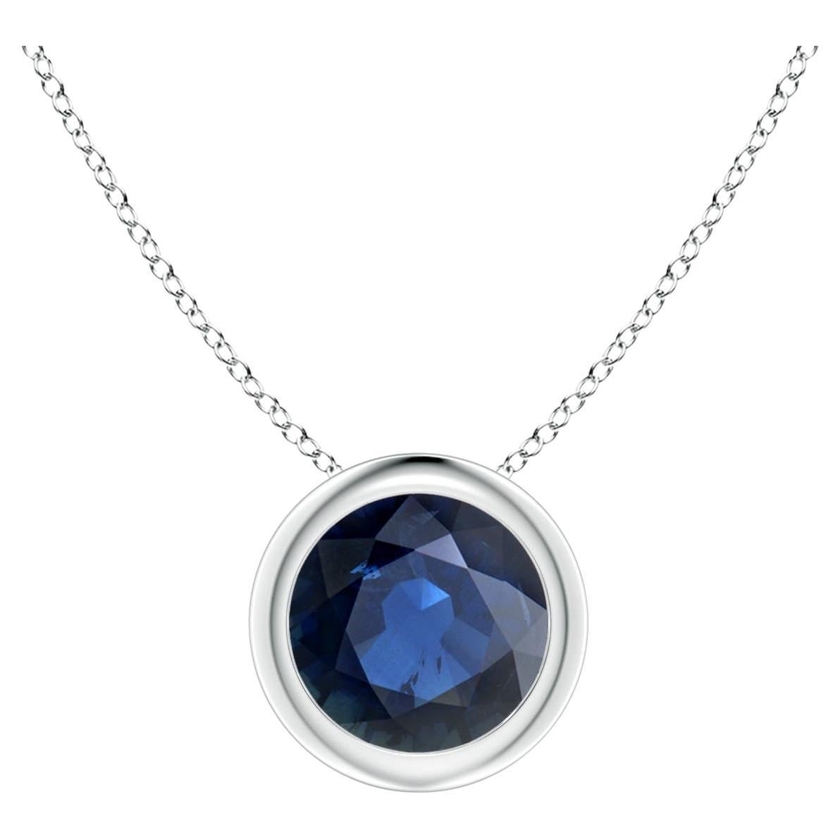 Natural Round 1 ct Blue Sapphire Solitaire 6mm Pendant in 14K White Gold For Sale