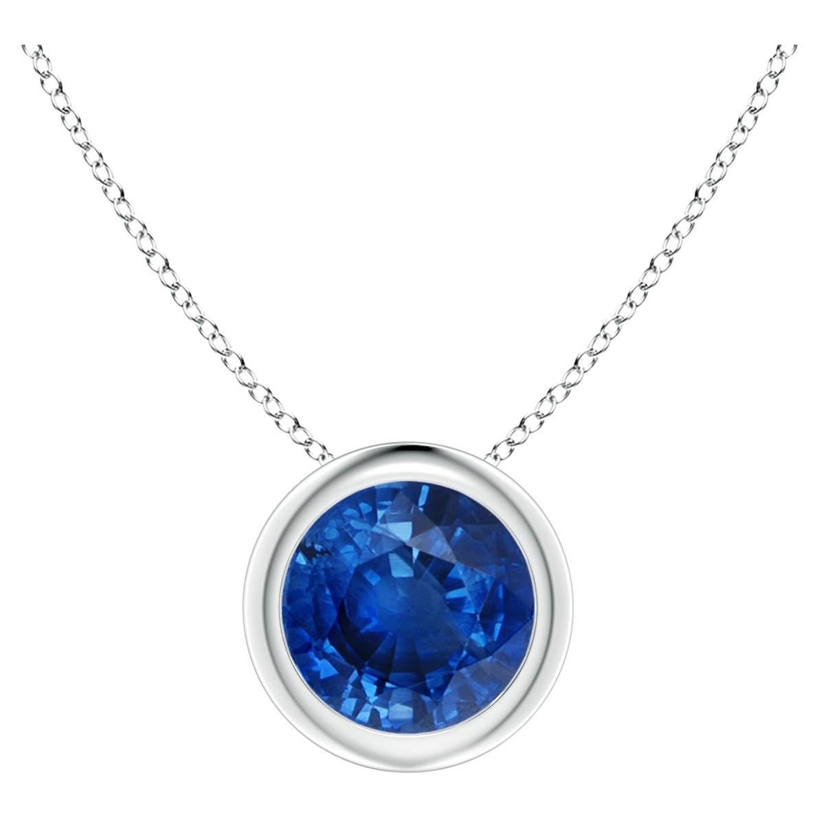Natural Round 1 ct Blue Sapphire Solitaire 6mm Pendant in 14K White Gold For Sale