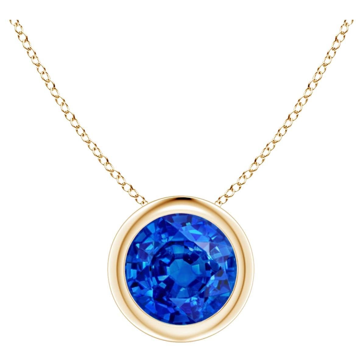 Natural Round 1 ct Blue Sapphire Solitaire 6mm Pendant in 14K Yellow Gold For Sale