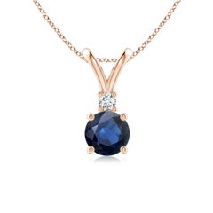 Natürlicher runder 1 ct blauer Saphir Solitär-Anhänger mit Diamant in 14K Rose Gold
