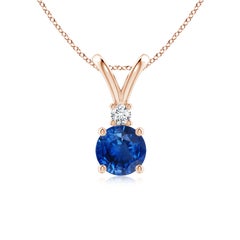 Natürlicher runder 1 ct blauer Saphir Solitär-Anhänger mit Diamant in 14K Rose Gold